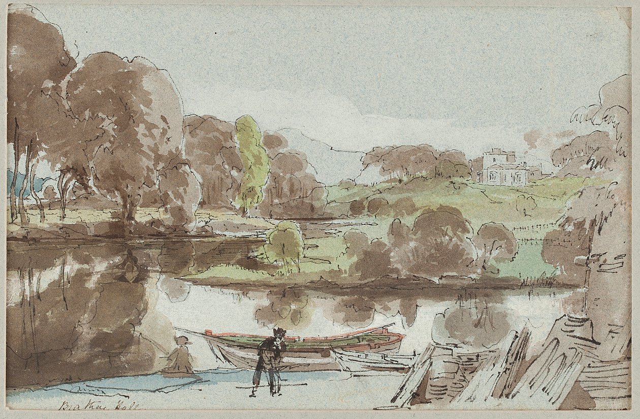Brathay Hall fra øst, Lake District, Cumbria, 1810 (wc på papir) af John Harden