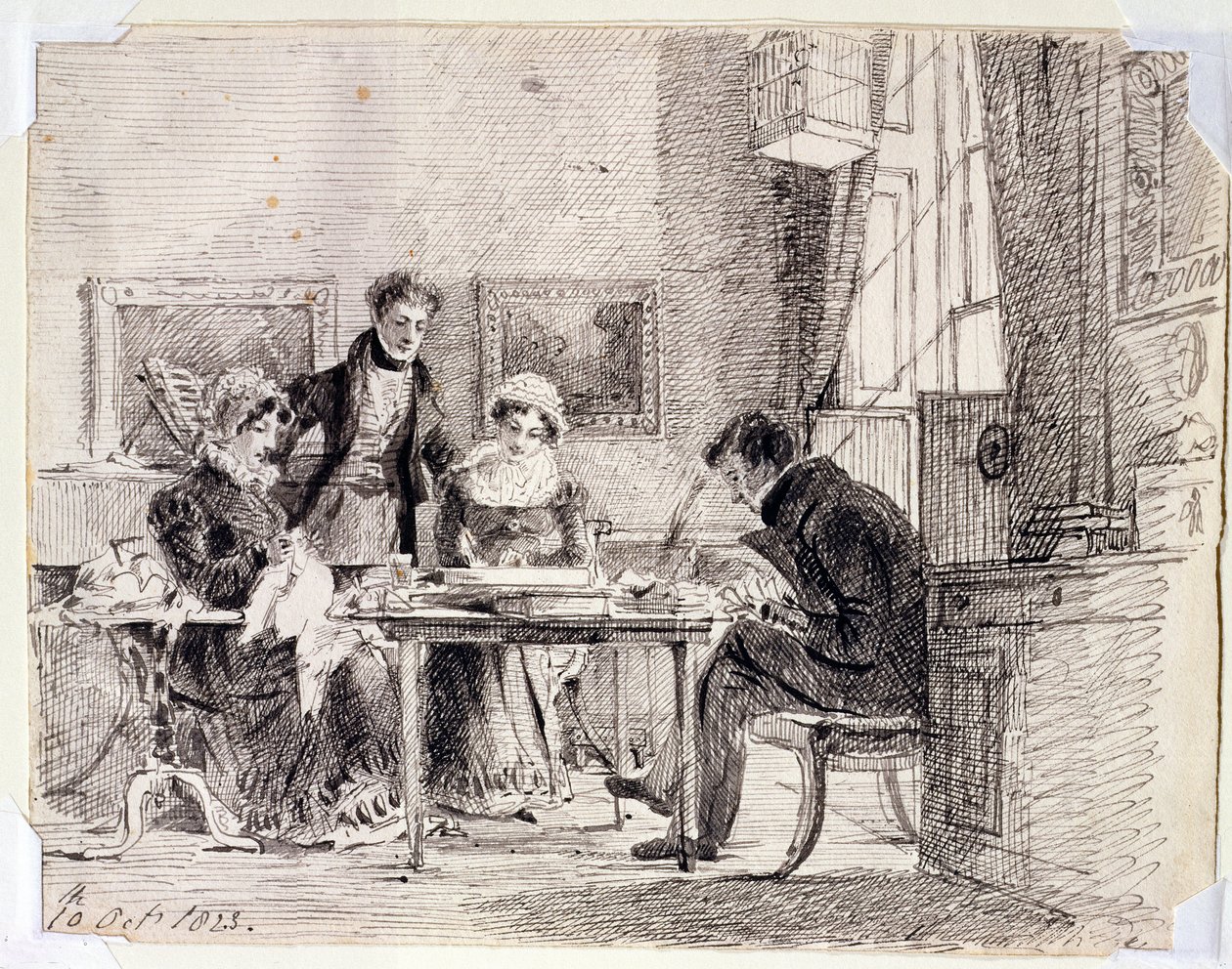 Familiegruppesyning og læsning, 10. oktober 1823 (pen og blæk på papir) af John Harden