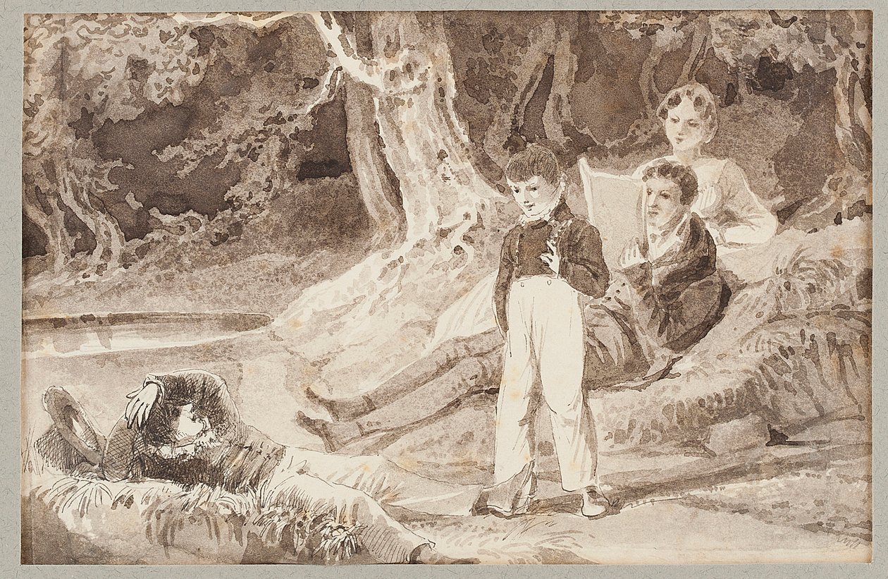Fire figurer blandt træerne på en varm dag, 1807 (wc på papir) af John Harden