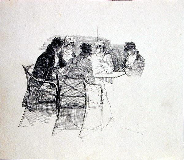 Gruppe samlet omkring et bord (pen og blæk på papir) af John Harden