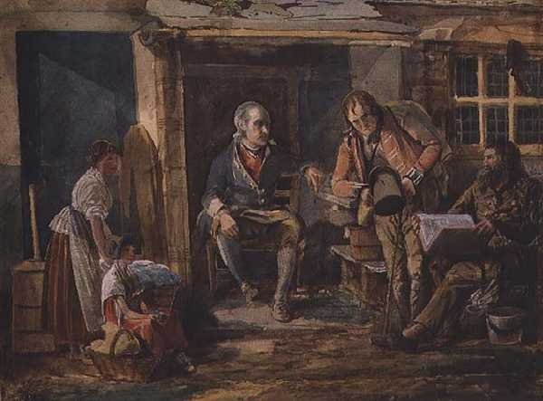 Gruppe inklusive en soldat uden for en hyttedør (akvarel på papir) af John Harden