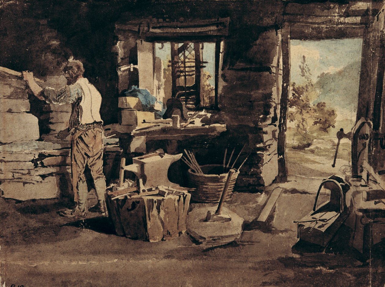 Interiør af Smithy, Ambleside (wc på papir) af John Harden