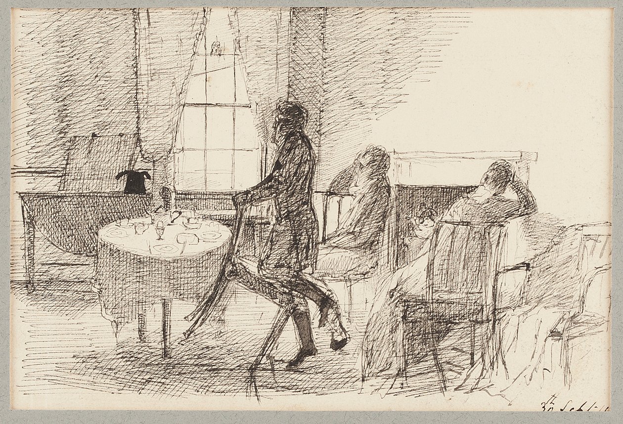 Interiør med figurer (pen og blæk på papir) af John Harden