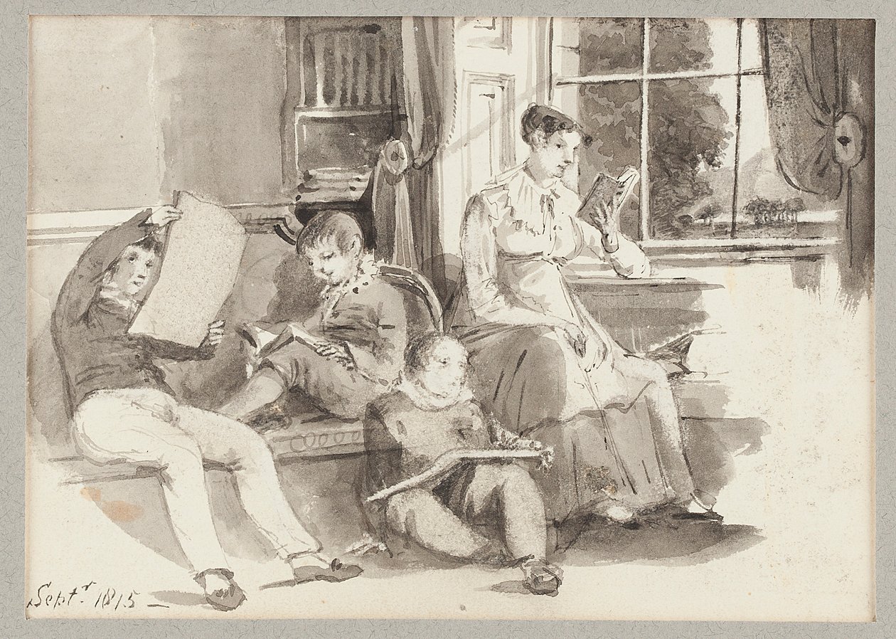 Jessy og tre børn, 1815 (wc på papir) af John Harden