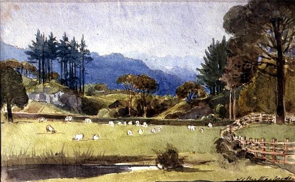 Langdale fra North Shore of Windermere (akvarel på papir) af John Harden