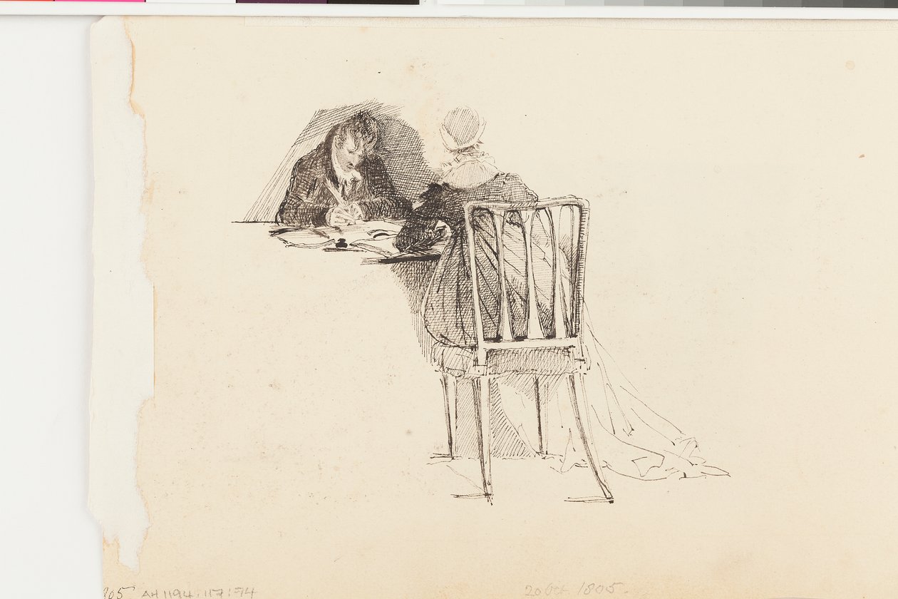 Mand og kvinde skriver ved et bord (pen og blæk på papir) af John Harden