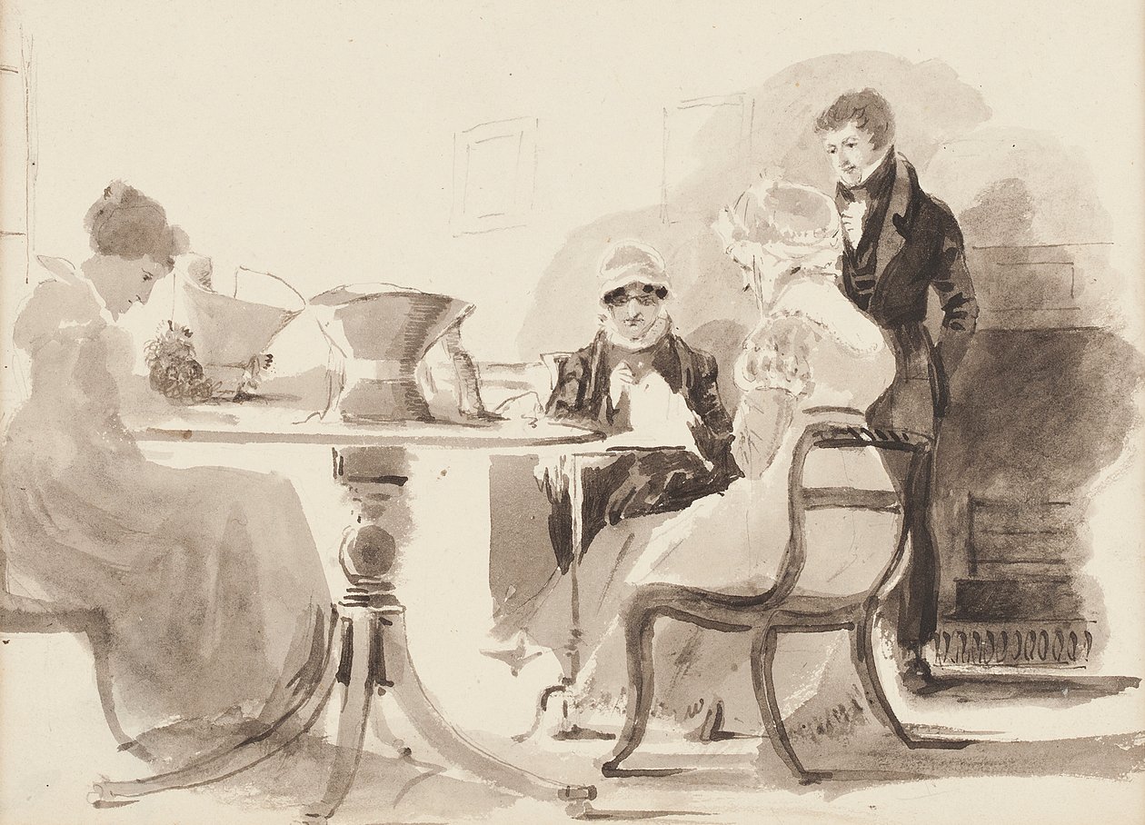 Mand stående ved et bord med tre siddende kvinder (wc på papir) af John Harden