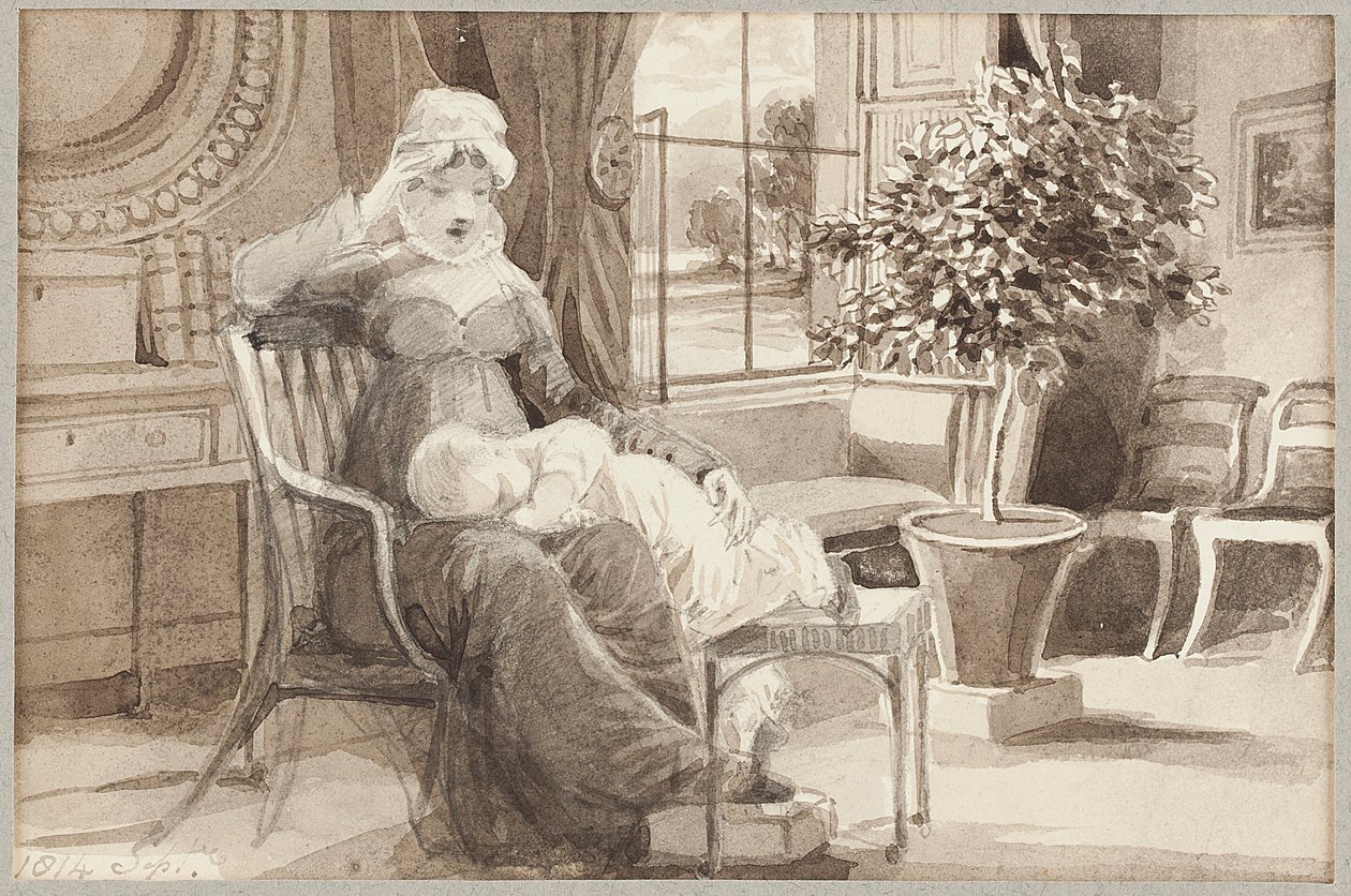 Fru H med baby John William, 1814 (wc på papir) af John Harden