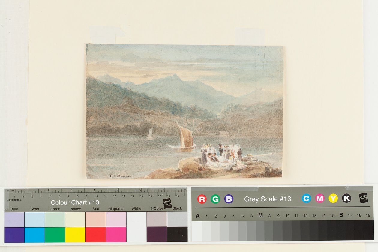 Picnic i Windermere med udsigt mod Brathay (wc på papir) af John Harden