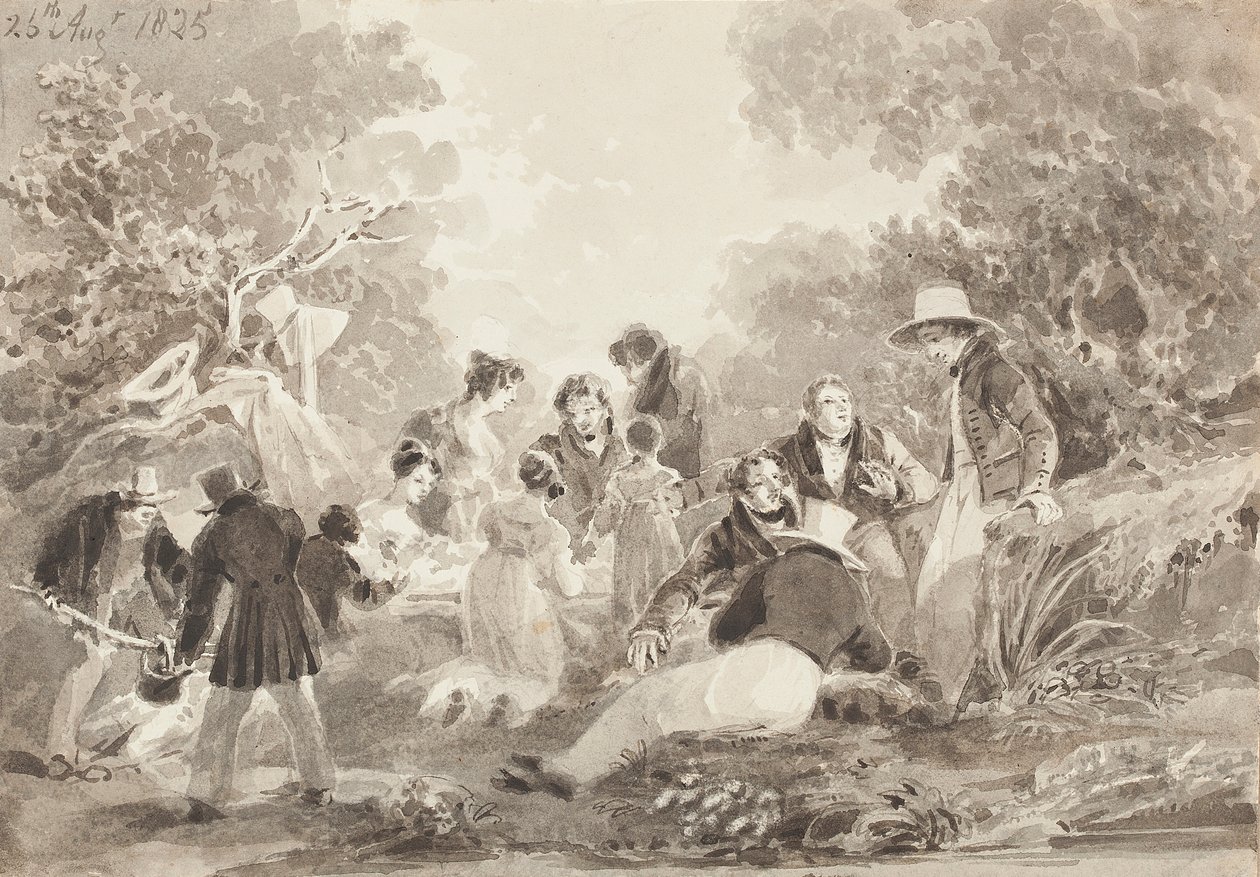 Picnic ved søen, 1825 (wc på papir) af John Harden