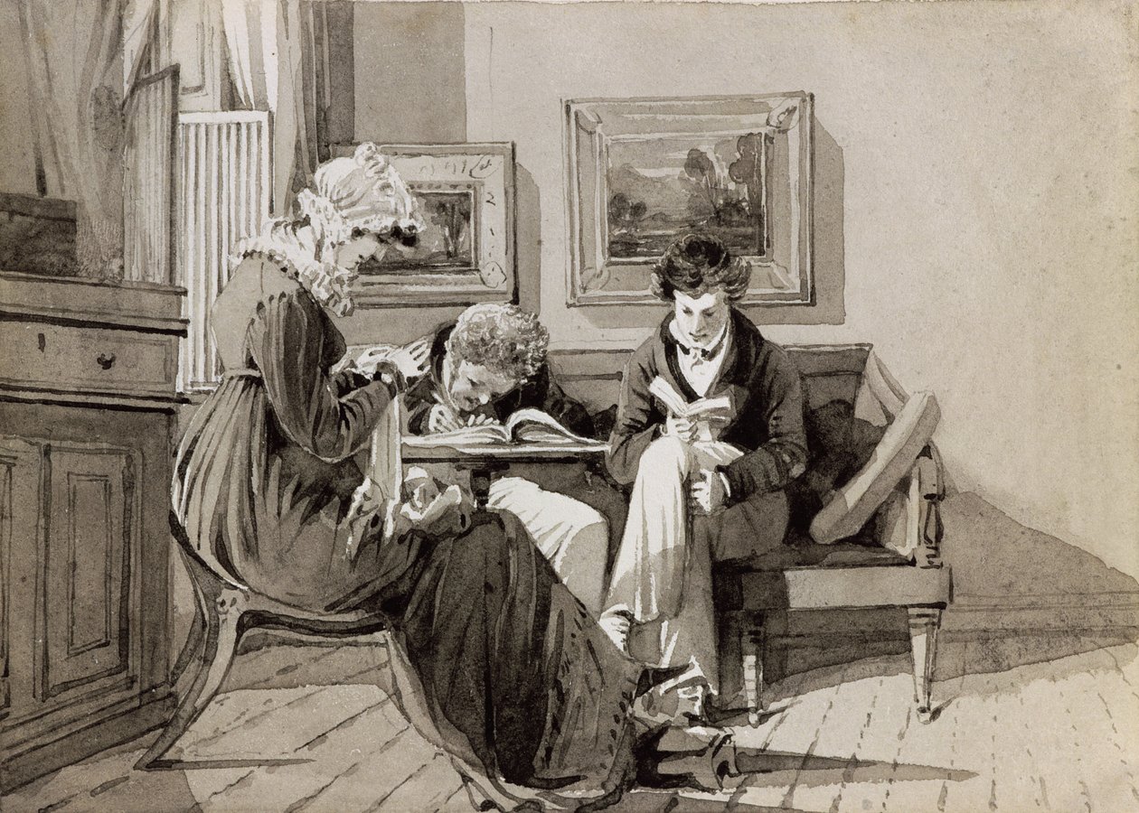 Socialt interiør i Brathay Hall, forestillende Jessy Harden, pastor Owen Lloyd og H. Almack, ca. 1827 (blæk og vask på papir) af John Harden