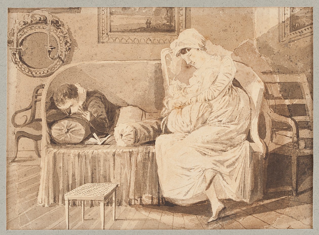 Tre på en sofa, 1805 (wc på papir) af John Harden