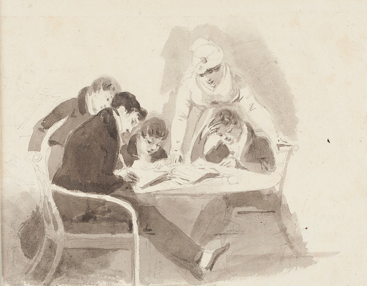 To drenge laver lektier, 1811 (wc på papir) af John Harden