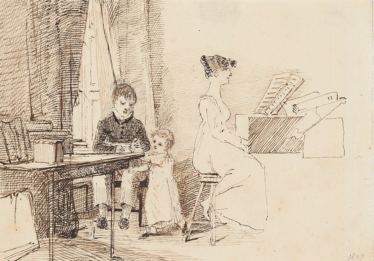 To børn og en kvinde ved klaveret, 1807 af John Harden