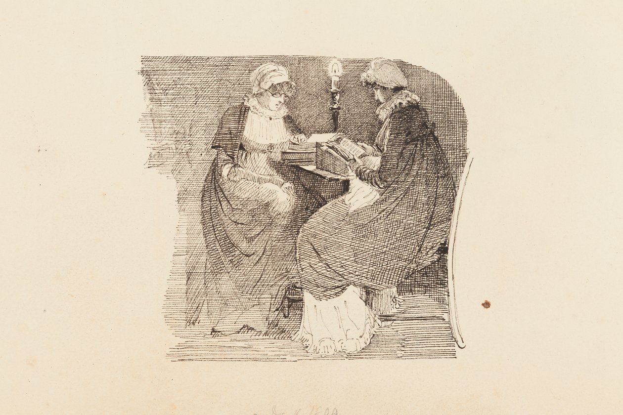 To kvinder læser ved lampelys, 1804 (pen og blæk på papir) af John Harden
