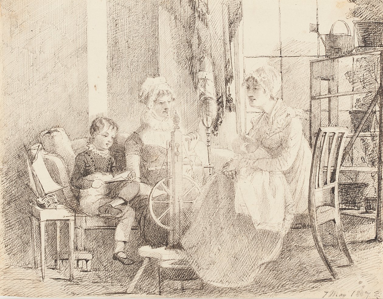 Kvinder ved spindehjulet og en dreng med en legetøjsbåd, 1807 af John Harden