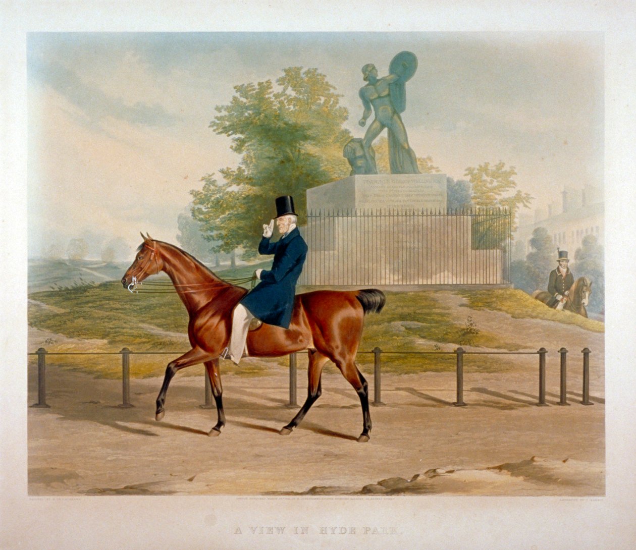 Hertugen af Wellington rider forbi Achilles-statuen i Hyde Park, London, 1844. af John Harris