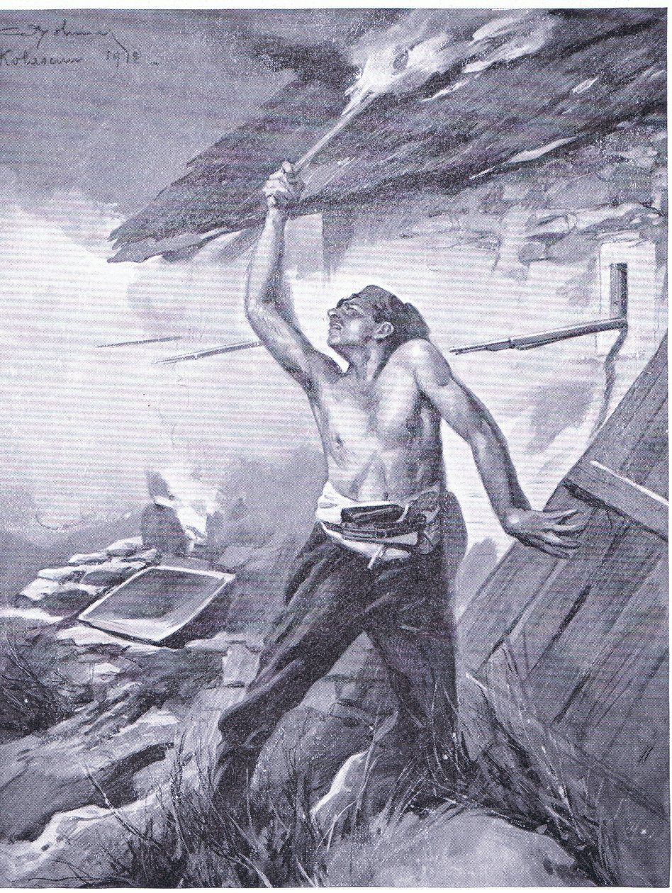 En grænsehændelse fra Balkankrigen 1912, fra Hutchinsons History of the Nations (bind 4) udgivet af Hutchinson, ca. 1920 (litho) af John Harris Valda