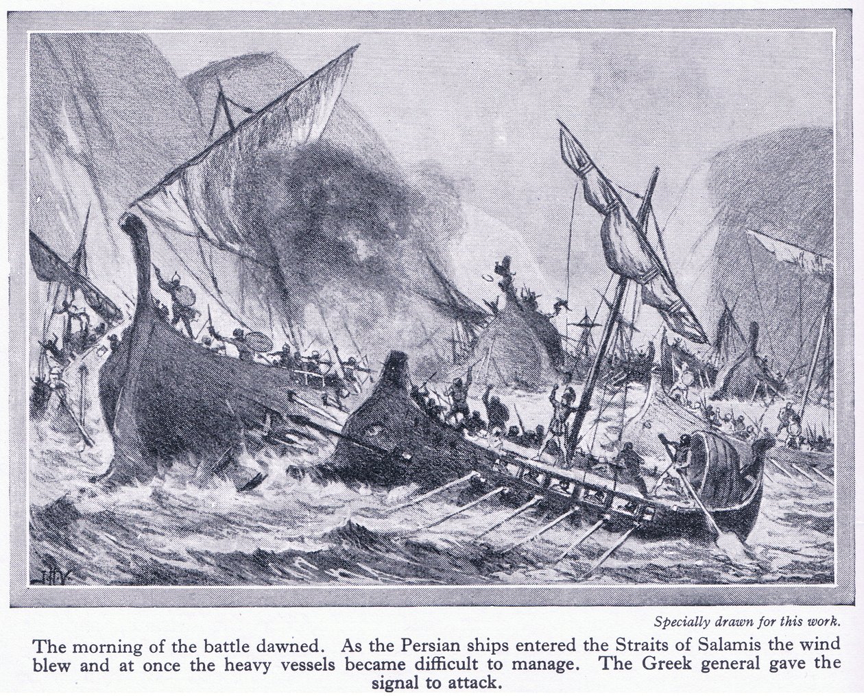 Slaget ved Salamis: Da de persiske skibe kom ind i Salamis-strædet, blæste vinden, og de blev svære at håndtere, ca. 1950 af John Harris Valda