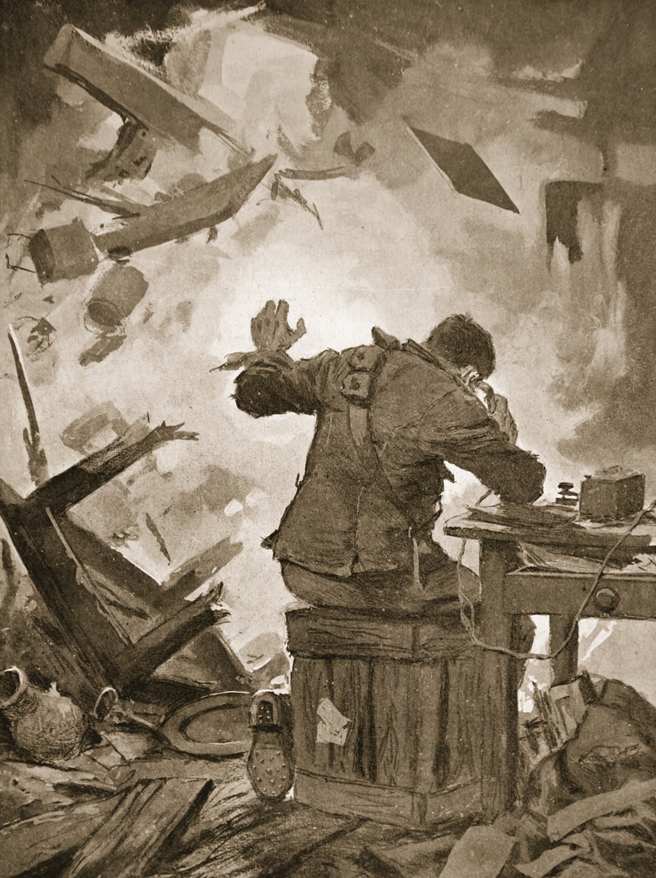 Bombardier French afsluttede sin besked, efter at en granat var kommet gennem det rum, hvor han ringede (litho) af John Harris Valda