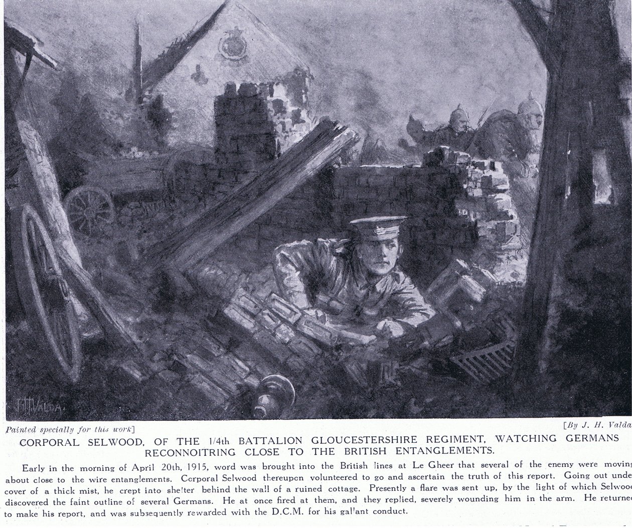 Korporal Selwood vandt en DCM for at se tyskere rekognoscere tæt på britiske forviklinger ved Le Gheer april 1915 af John Harris Valda