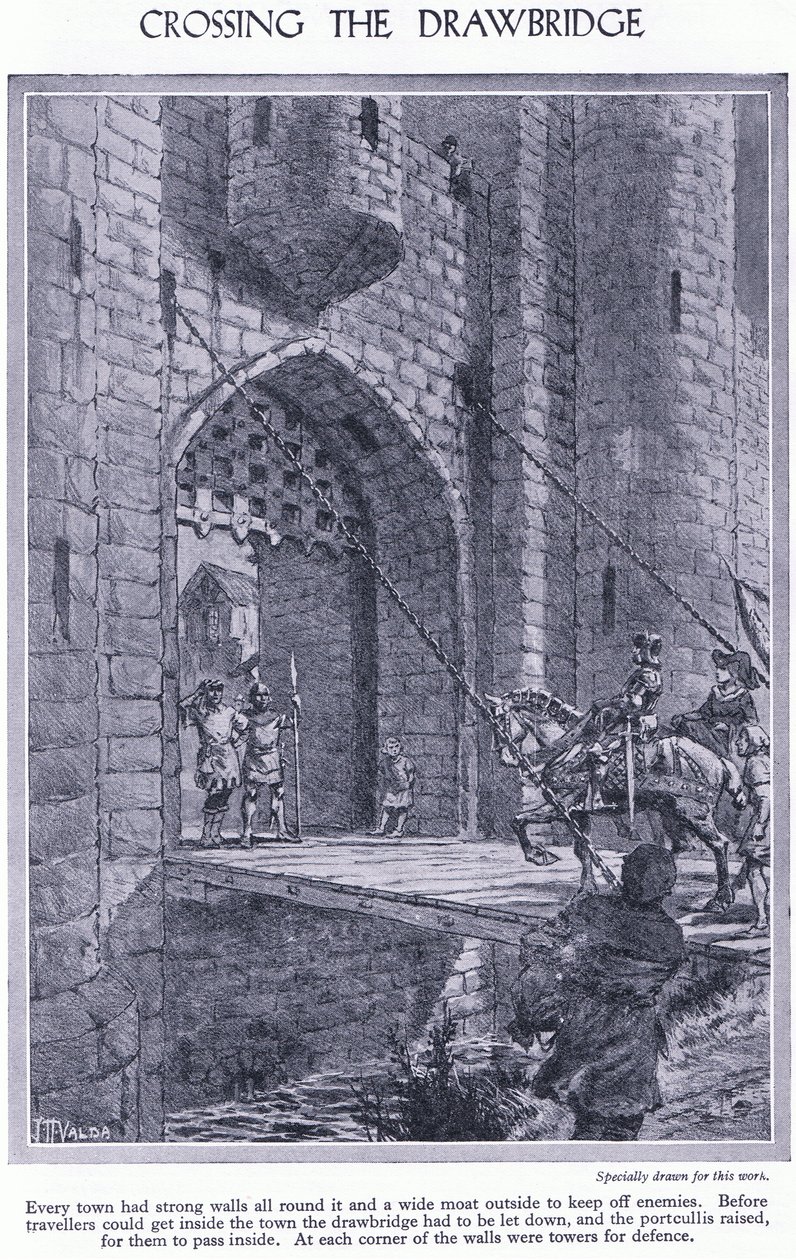 Krydser vindebroen. Hver by har stærke mure og en voldgrav, en vindebro og en portcullis til forsvar, ca. 1950 af John Harris Valda