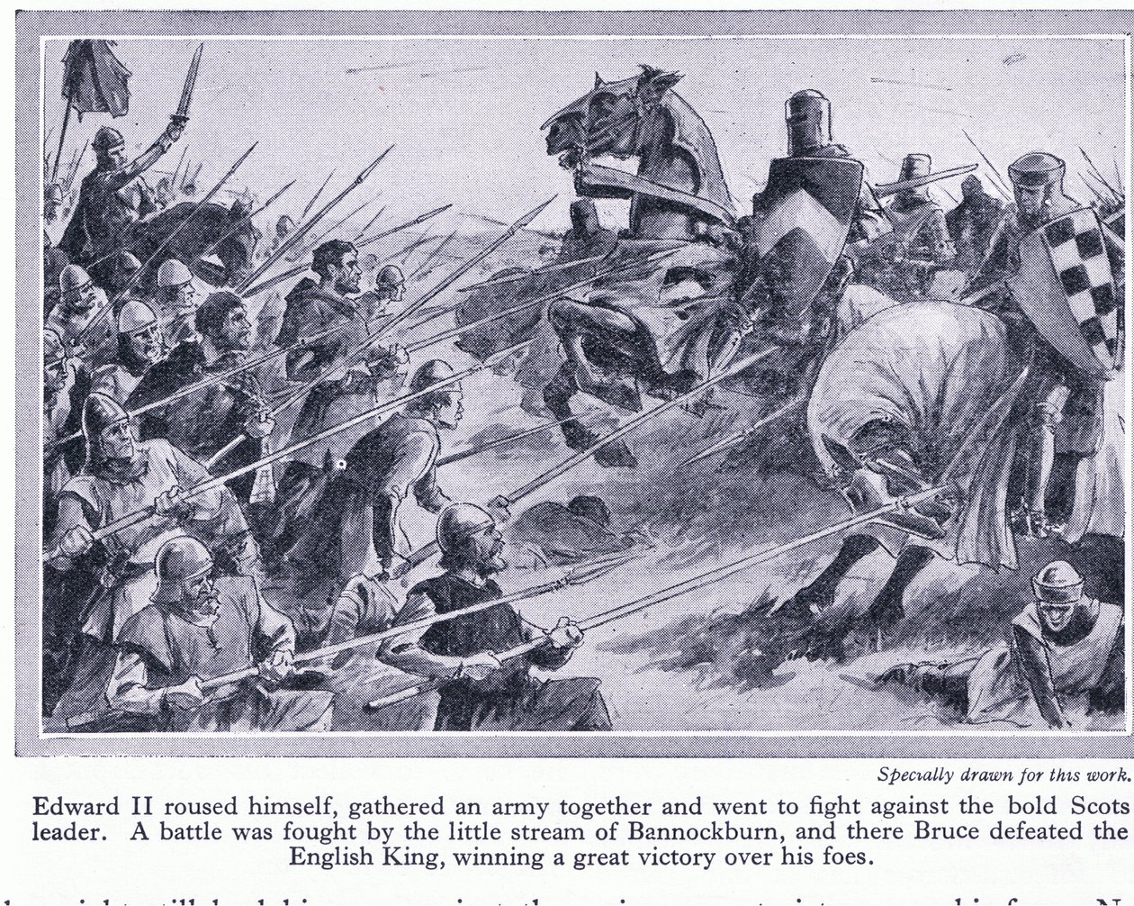 Edward II samlede en hær og kæmpede et slag ved Bannockburn 1314 AD, hvor Bruce besejrede englænderne, ca. 1950 af John Harris Valda