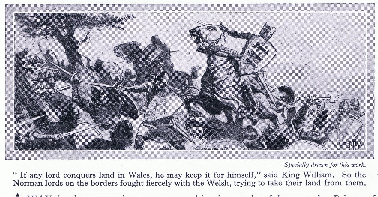 Hvis en herre erobrer land i Wales, kan han beholde det for sig selv, sagde kong William, ca. 1950 af John Harris Valda