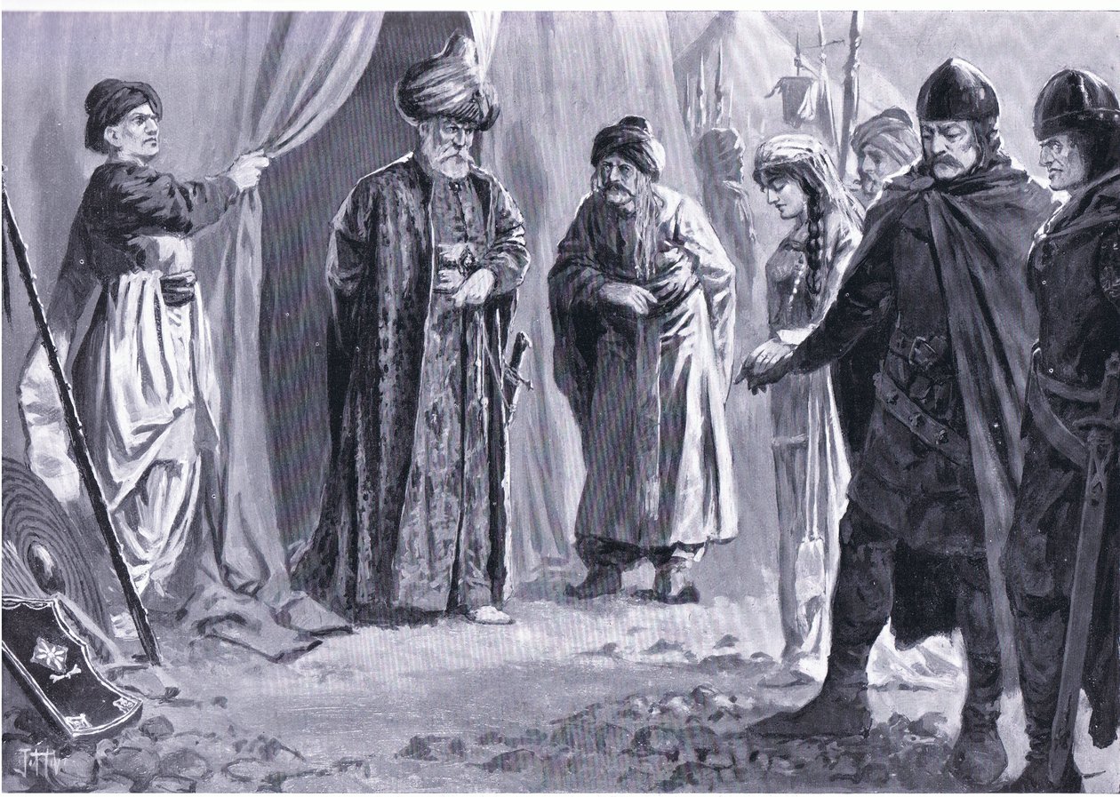 Ivan Shishman III leverer sin søster til Sultan Murad I, AD1366, fra Hutchinsons History of the Nations (bind 4) udgivet af Hutchinson, ca. 1920 (litho) af John Harris Valda