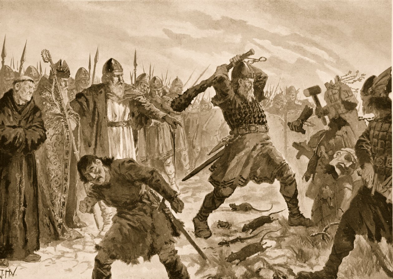 Kong Olaf den hellige bryder gudsbilledet Thor, 1020 af John Harris Valda