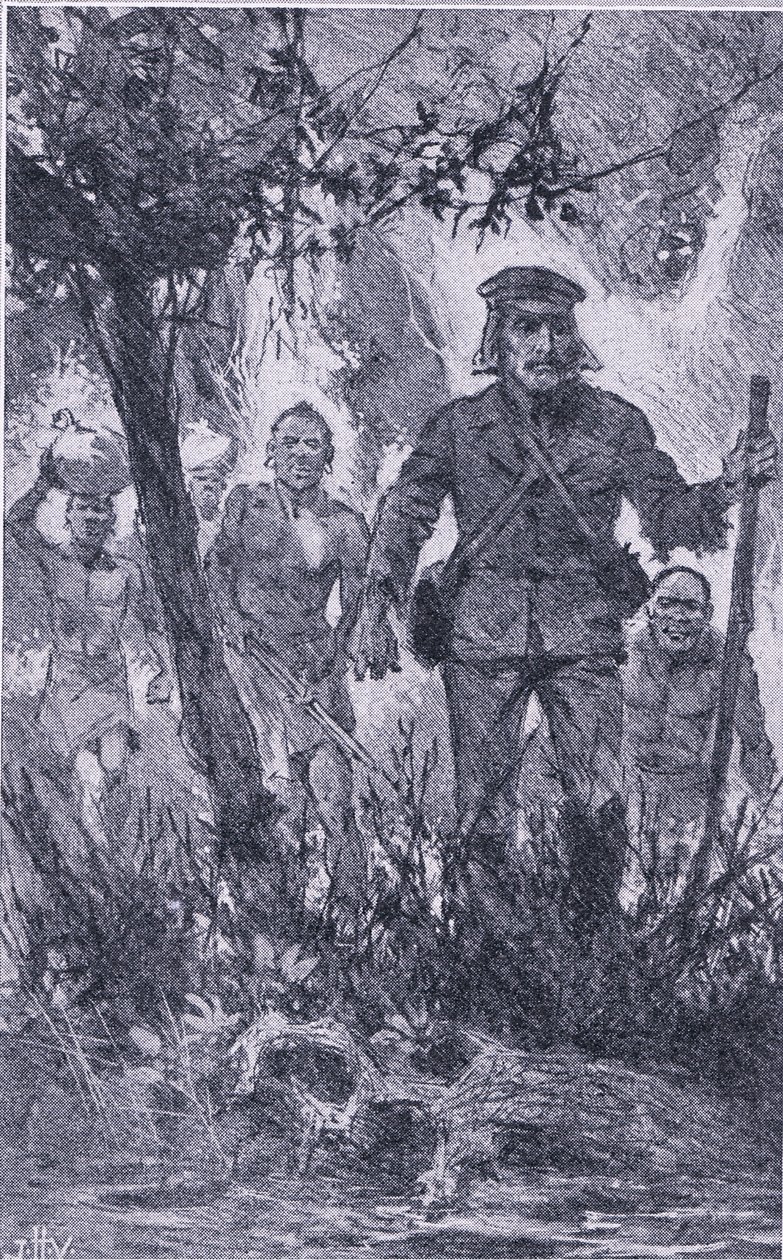 Livingstone skød mod løven, men løven angreb ham og bed hans skulder og brækkede hans venstre arm, Newnes Pictorial Knowledge udgivet af Newnes, ca. 1950