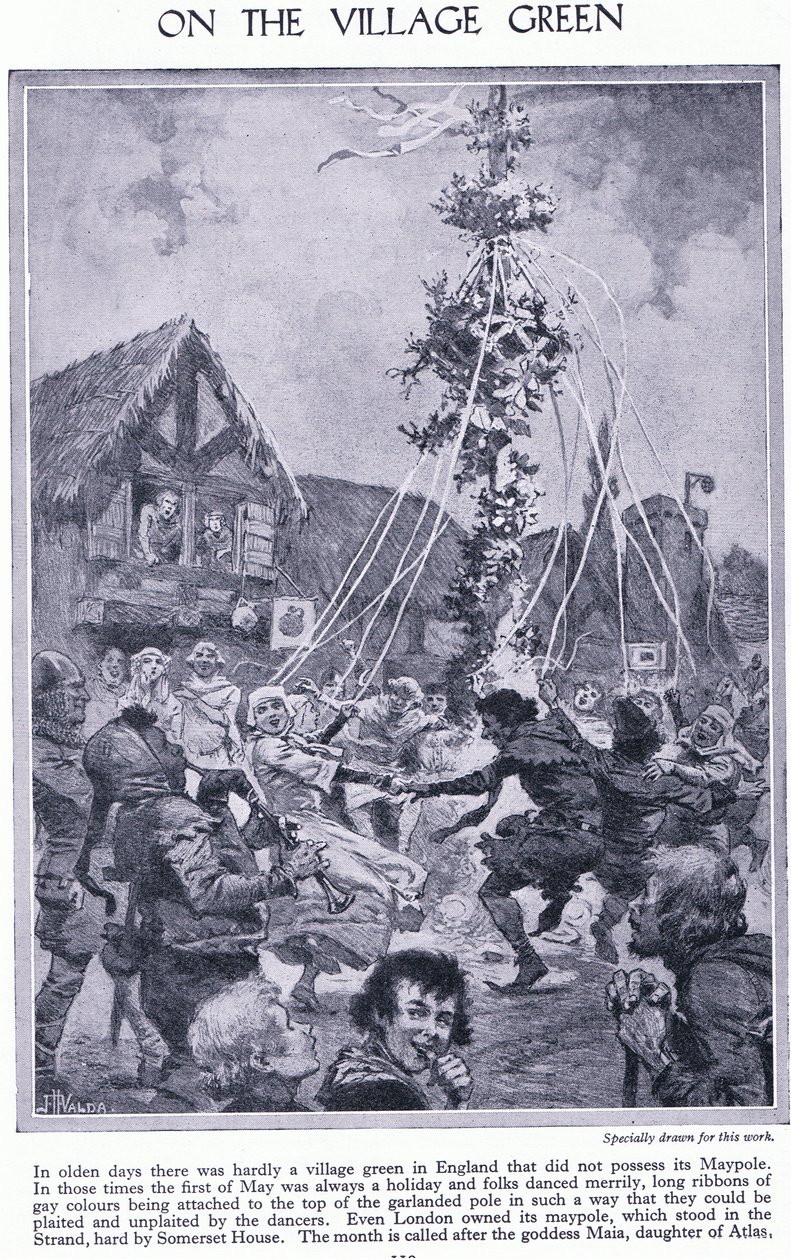 På landsbyens grønne område. Danser omkring majstangen, ca. 1950 af John Harris Valda