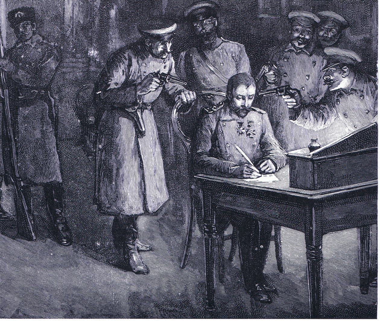 Prins Alexander underskriver sin abdikation 1886, illustration fra Hutchinsons History of the Nations VOL 4 c.1920