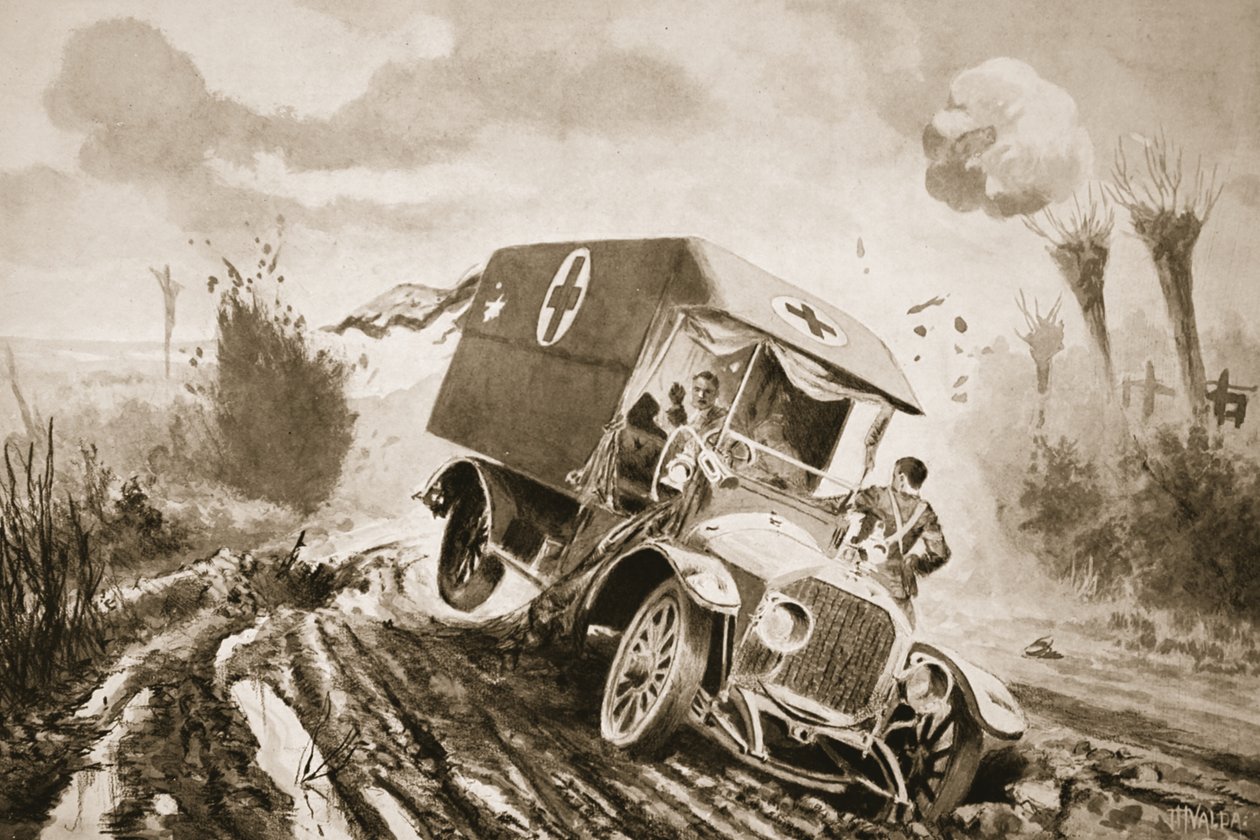 Menig Adams hjælper de sårede i en motorambulance, der var kørt ind i et granathul under beskydning af John Harris Valda