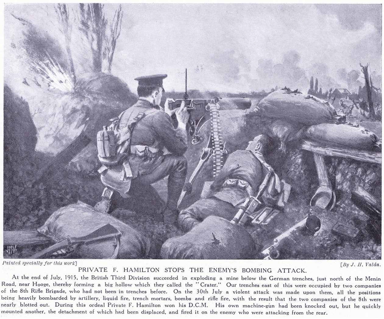 Menig F Hamilton tildelt DCM for at stoppe fjendens bombeangreb juli 1915 ved Hooge af John Harris Valda