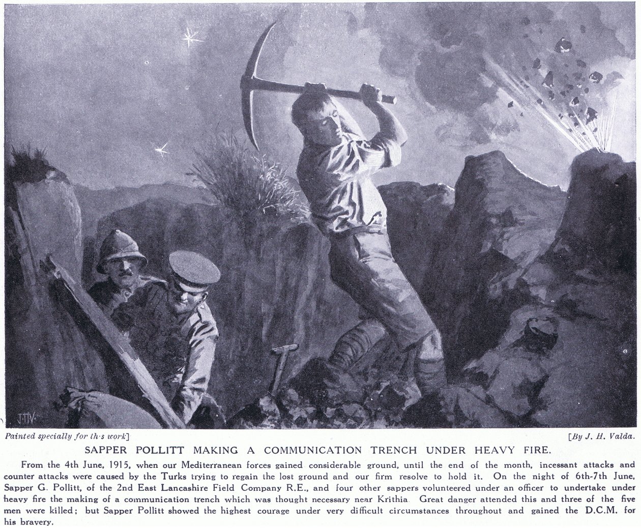 Sapper Pollitt lavede en kommunikationsgrav under kraftig beskydning på Gallipoli-halvøen juni 1915 af John Harris Valda
