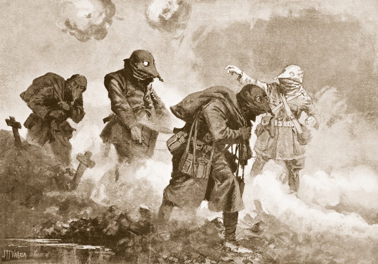Sekondløjtnant (midlertidig kaptajn) E.M. Allfrey dirigerer leveringen af ammunition, rationer og vand til tropper i aktion under et gasangreb af John Harris Valda