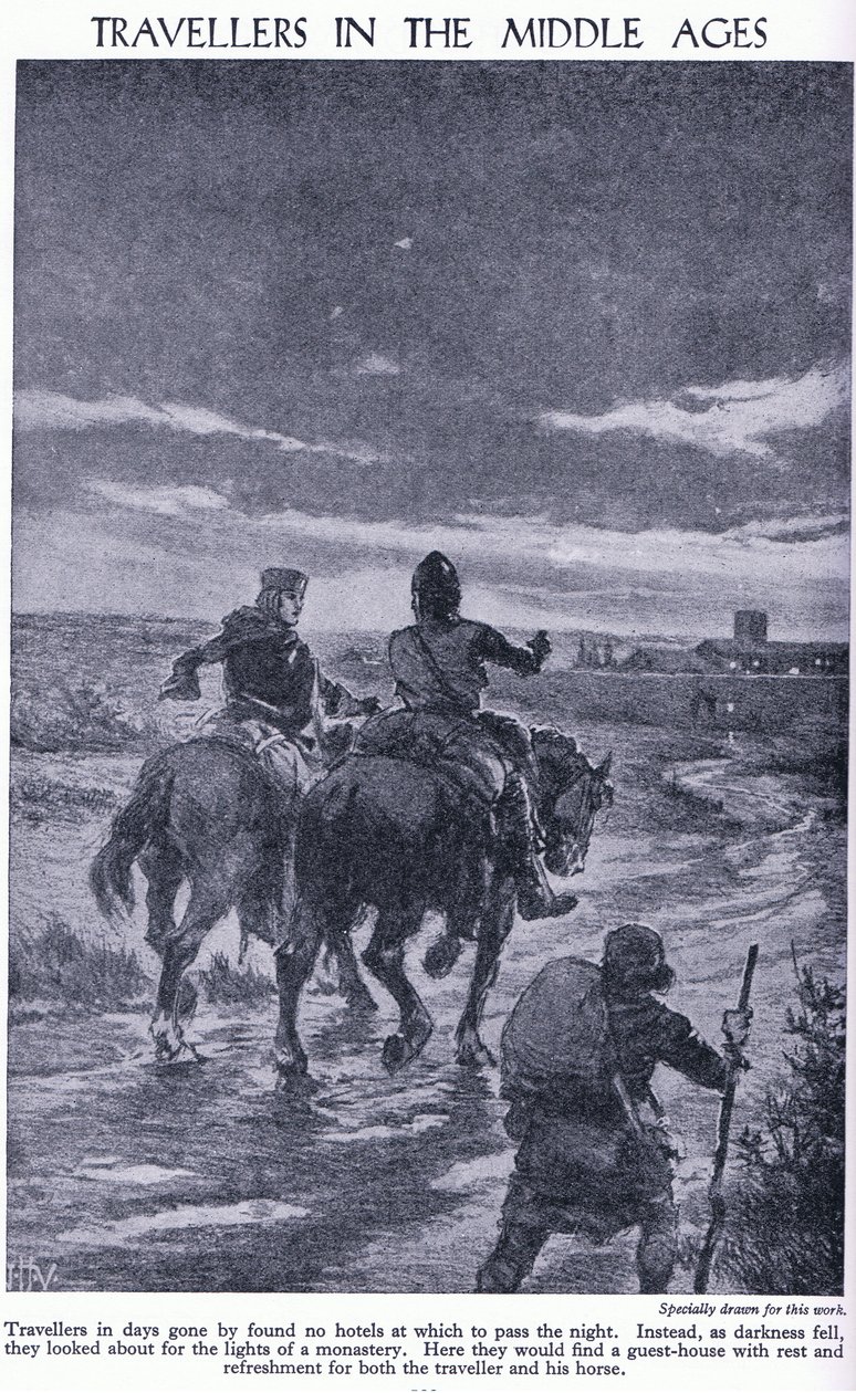 Rejsende i middelalderen. Da mørket faldt på, ledte rejsende efter lys fra et kloster, ca. 1950 af John Harris Valda