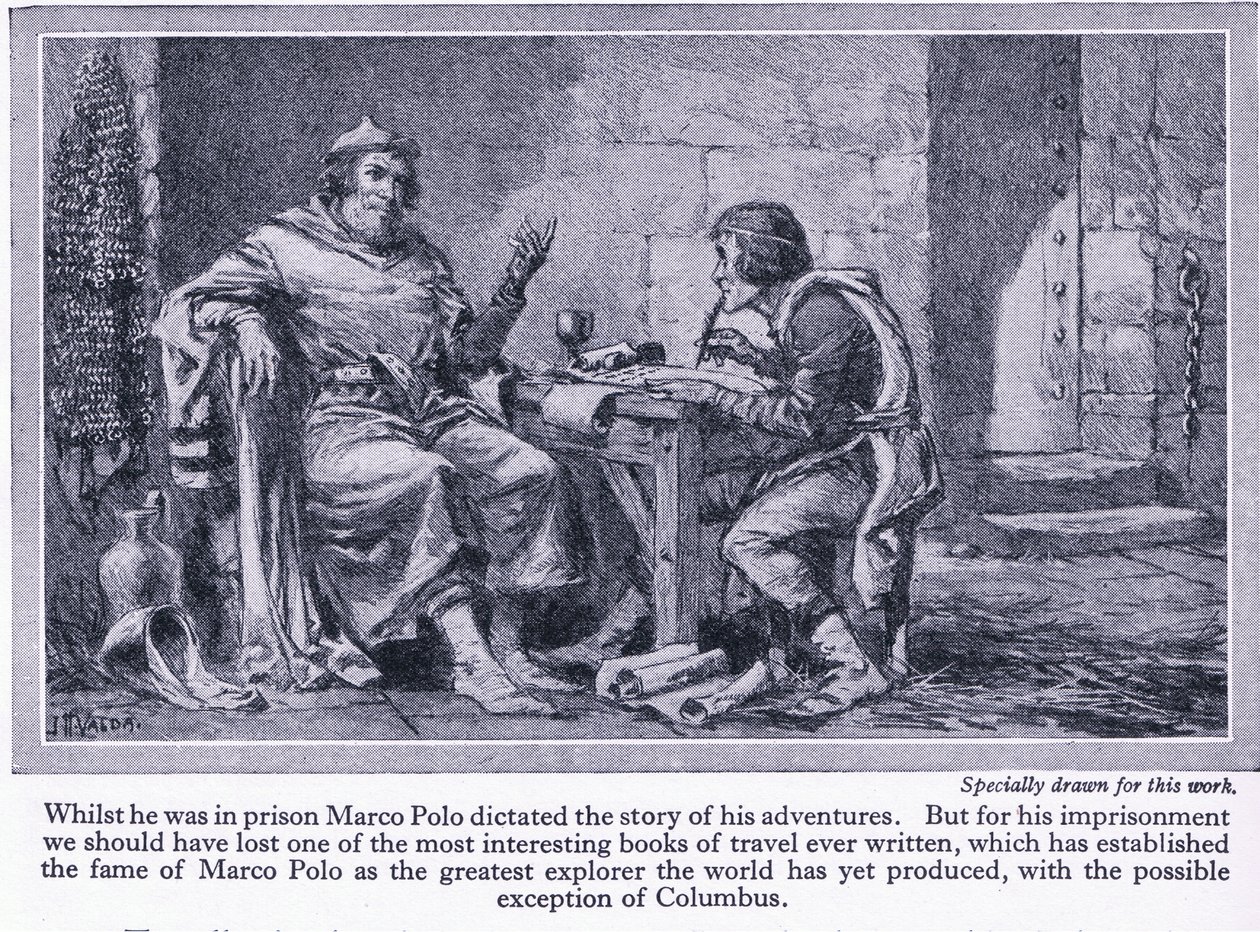 Mens han var i fængsel, dikterede Marco Polo historien om sine eventyr, ca. 1950 af John Harris Valda