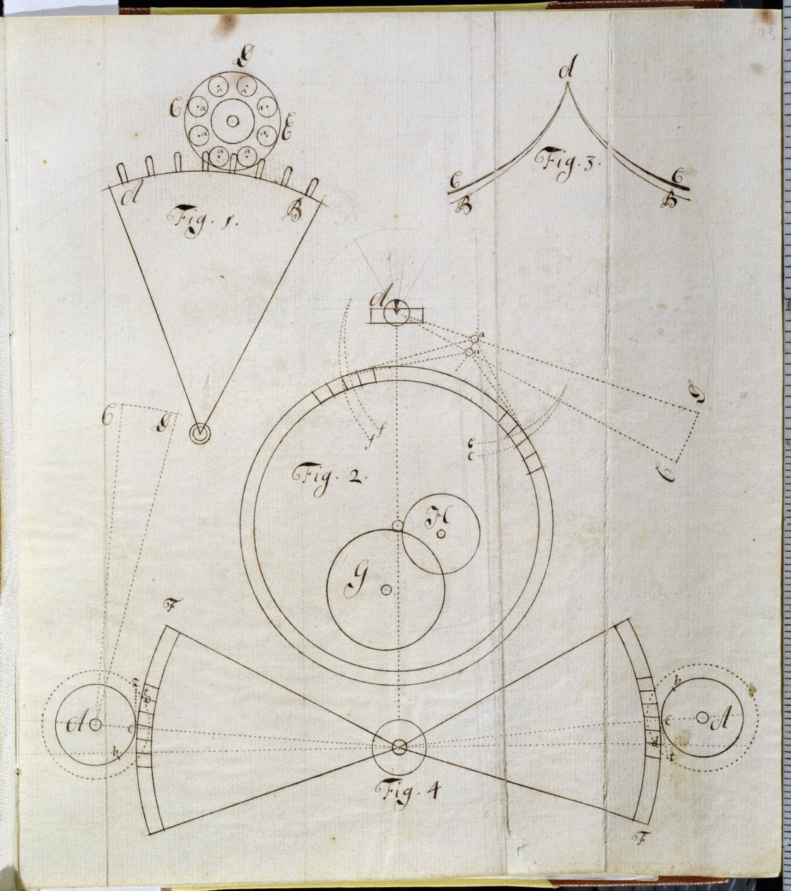 Diagram over tidtagerens bevægelser (pen og blæk på papir) af John Harrison