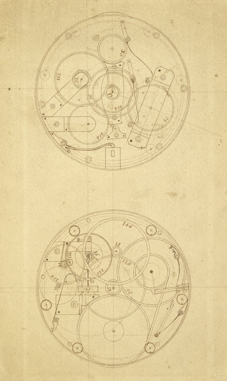 Bevægelsen af H.4, en længdemåler designet og tegnet af John Harrison, ca. 1760-72 (blæk på papir) af John Harrison