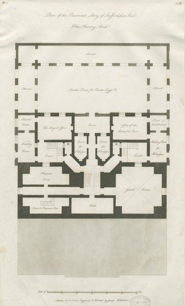Stafford - Plan over Basement Story of Shire Hall: gravering, nd [1794-1798] (tryk) af John Harvey