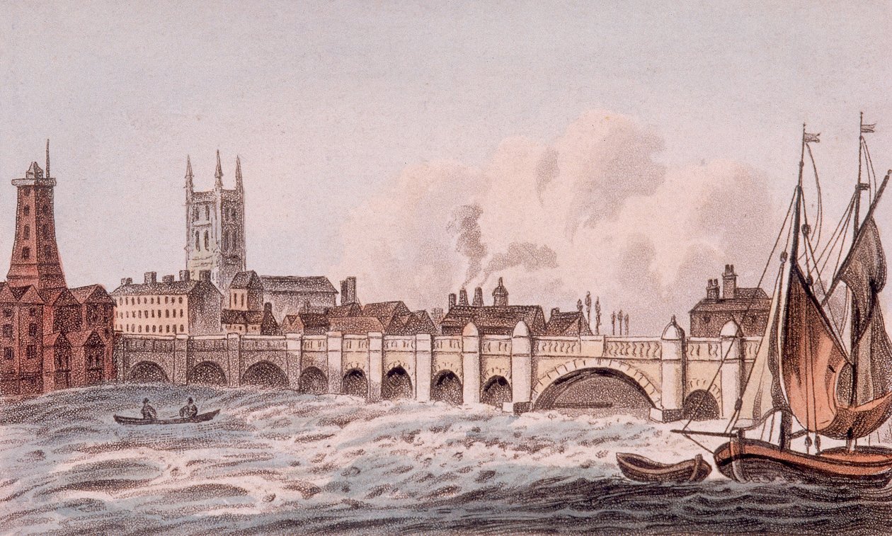 London Bridge old, London, 1823 af John Hassall