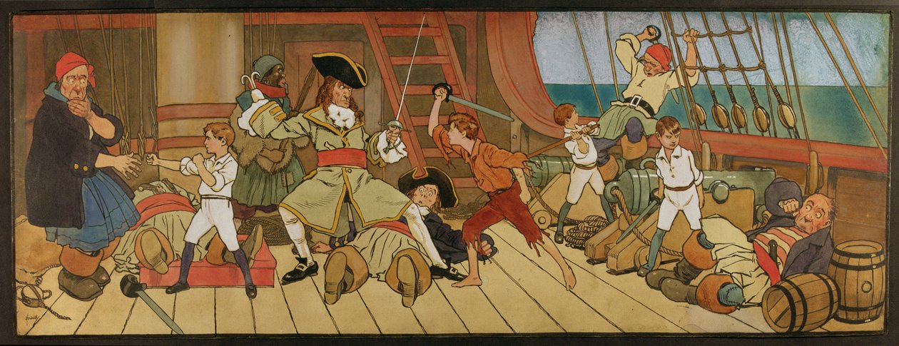 The Lost Boys in Combat with the Pirates and Peter i den sidste duel med Captain Hook, illustration fra 