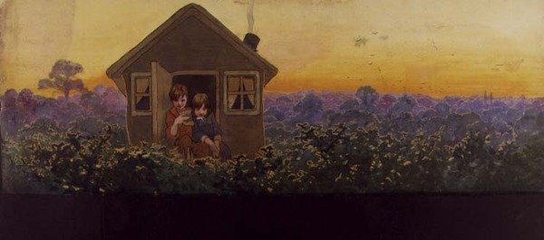 Trætoppene ved solnedgang et år senere: Peter i det lille hus med Wendy på sit årlige forårsrengøringsbesøg, illustration til 
