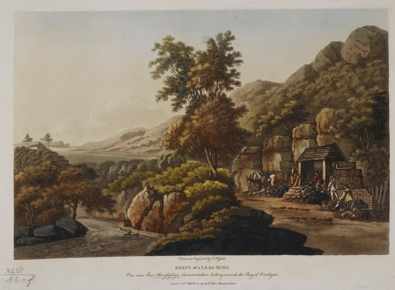 Skaft af en blymine. Udsigt nær Pont Aberglaslyn, Carnarvonshire, med udsigt mod Cardigan-bugten, udgivet i 1798 (farvet indgravering) af John Hassell
