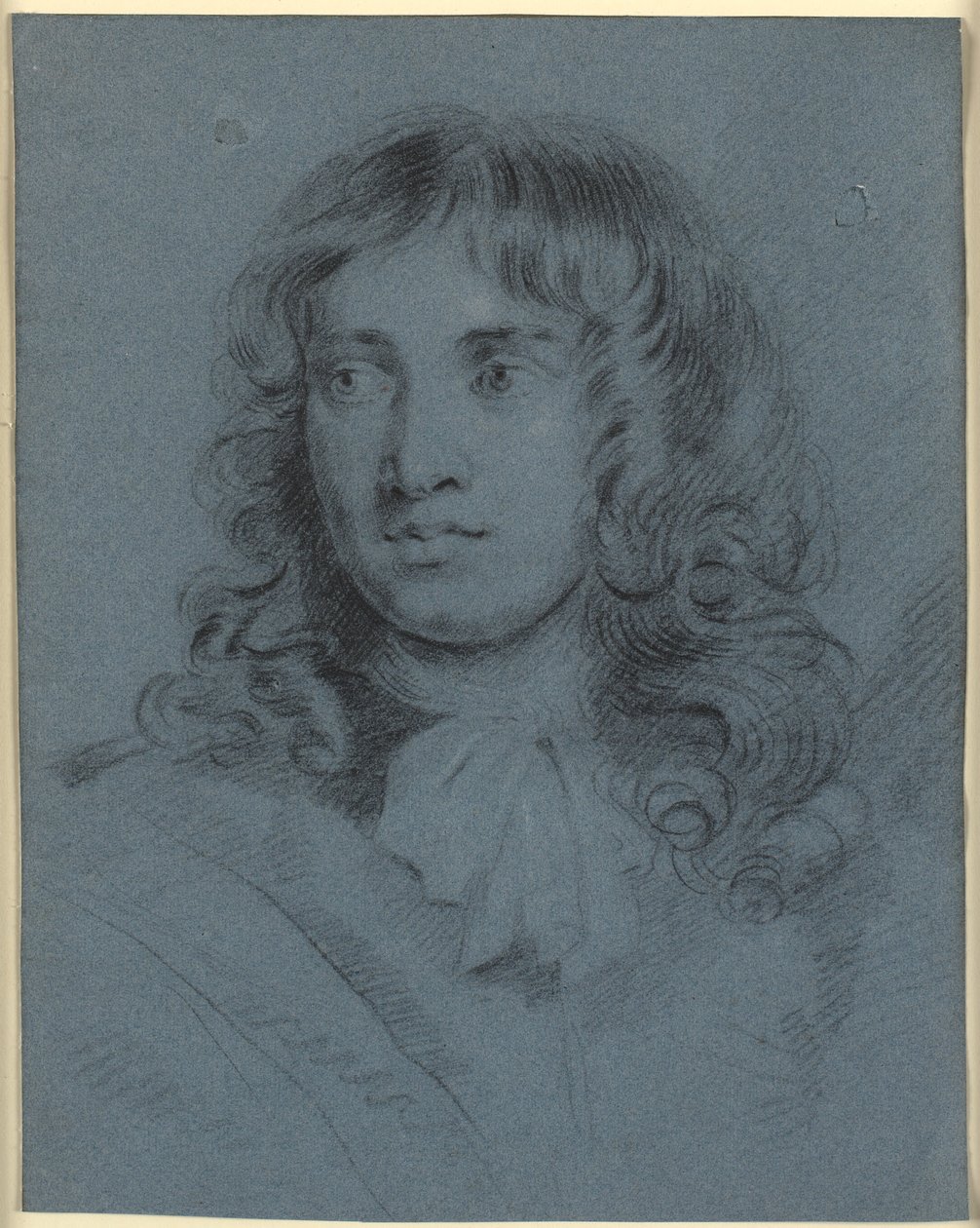 Miniaturemaleren Thomas Flatman, som en ung mand med lange ringlets og et tørklæde bundet i en sløjfe om halsen af John Hayls