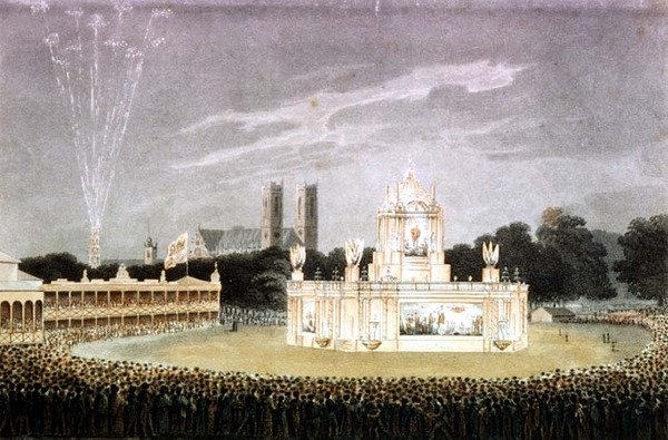 Fyrværkeri afholdt i Green Park for at fejre Napoleons nederlag, indgraveret af Matthew Dubourg pub. 1814 (gravering) af John Heaviside (after) Clark