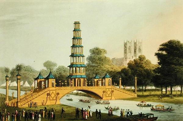 Den kinesiske bro og pagode, rejst i parken til minde om den glorværdige fred i 1814, indgraveret af Matthew Dubourg (fl.1785-20) af John Heaviside (after) Clark