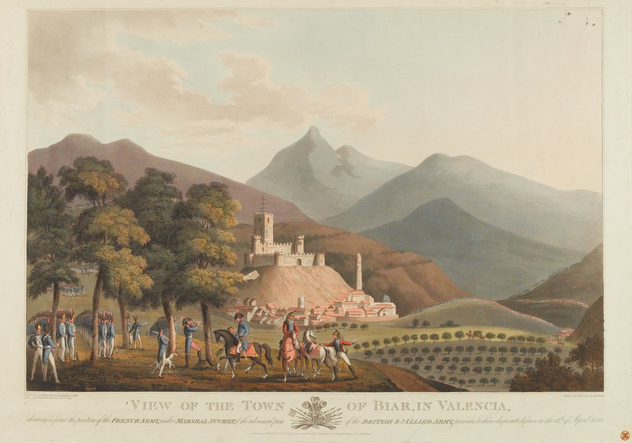 En udsigt over byen Briar, Valencia, indgraveret af Dubourg, 1814 (farvet akvatint) af John Heaviside Clark